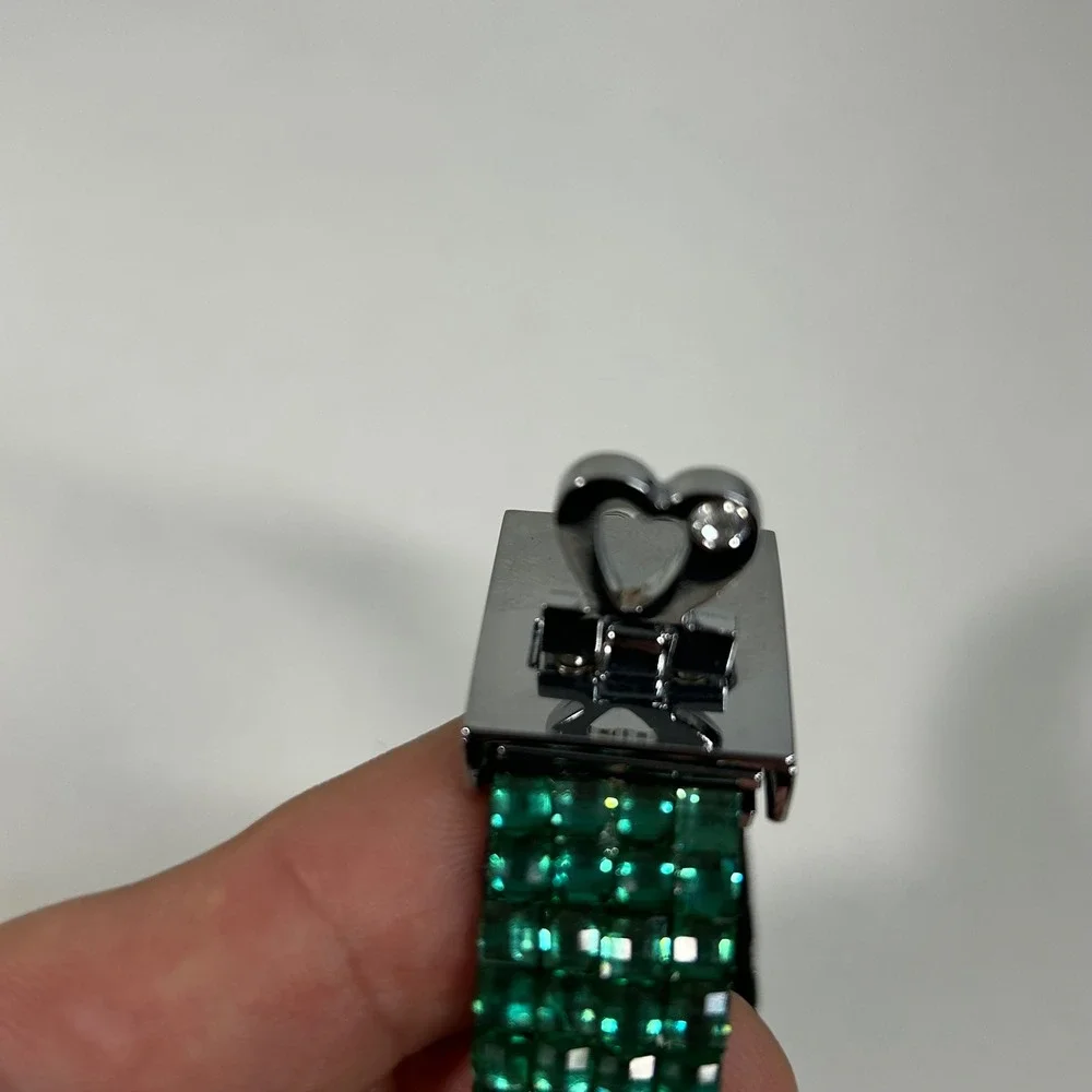 Emerald Green Rhinestone Wrap Bracelet Silver Tone‎ Heart Clasp 4 Row Sparkling